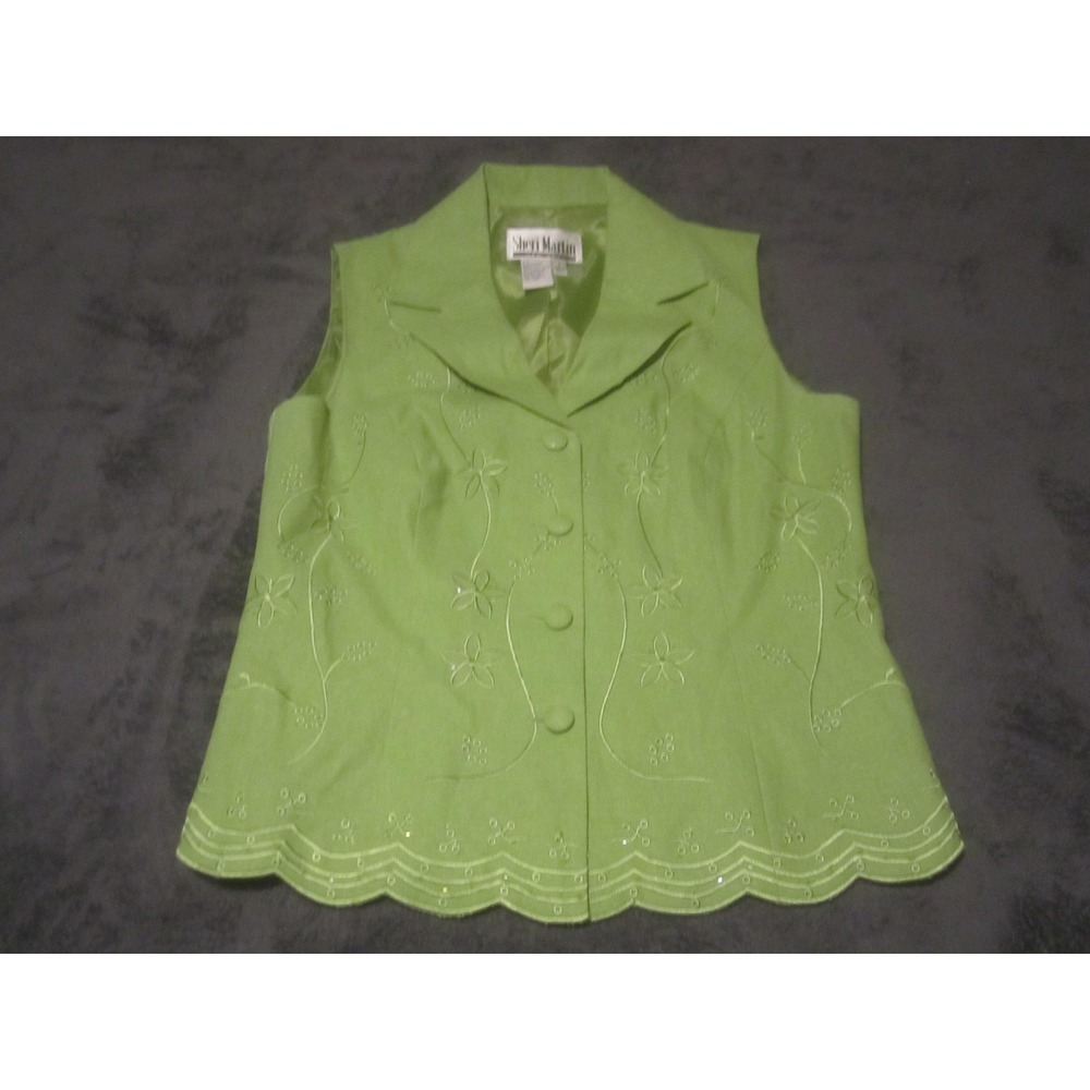 Sheri Martin Blouse‎ Womens 8 Green Linen Floral Embroidered Scallop Hem Top